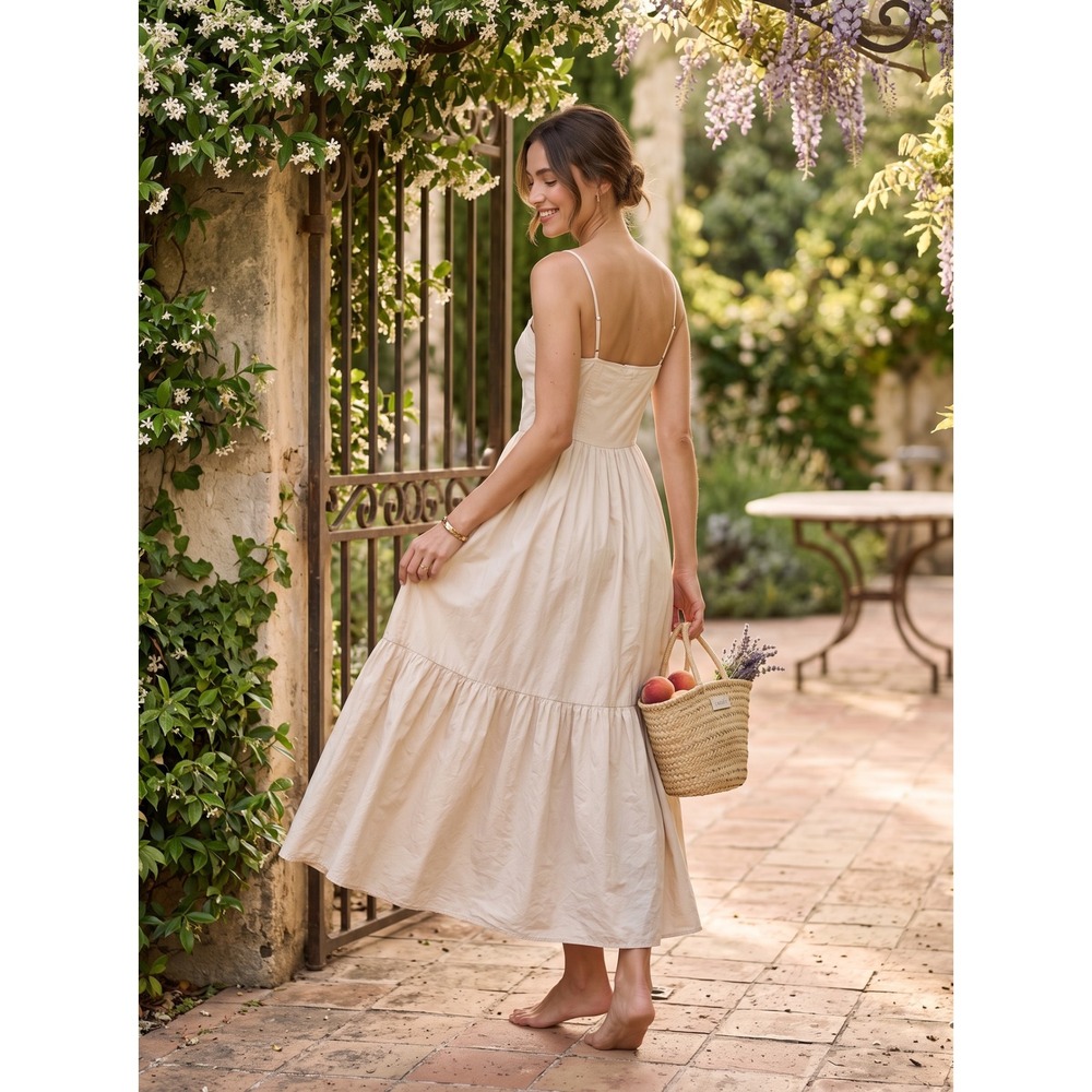Cottagecore‎ YFB Young Fabulous & Broke Tiered Maxi Dress M Beige Bustier Boho